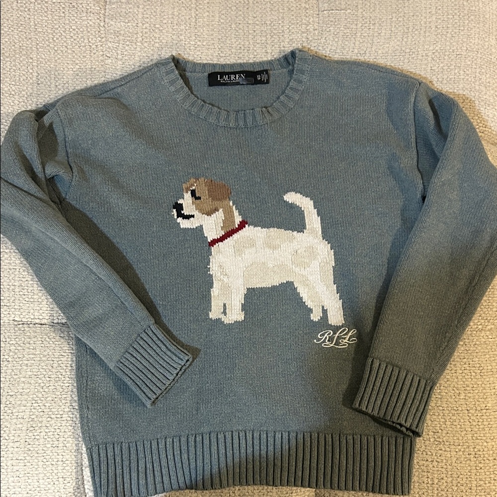 Lauren Ralph Lauren Blue Crewneck Sweater with Dog Intarsia